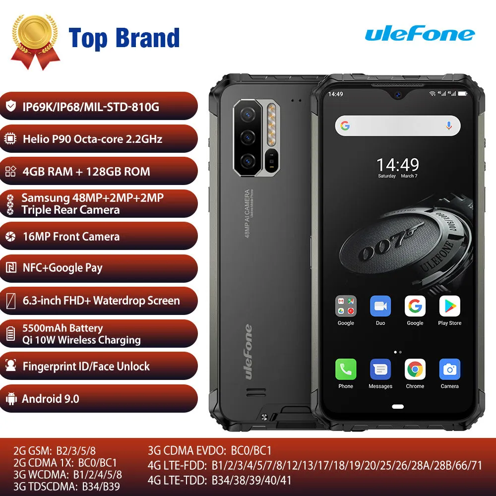 Ulefone Armor 7E Mobile Phone IP68 Rugged Smartphone 4GB 128GB Waterproof Android 9.0 NFC AI Camera Wireless Phone black_Non-European version
