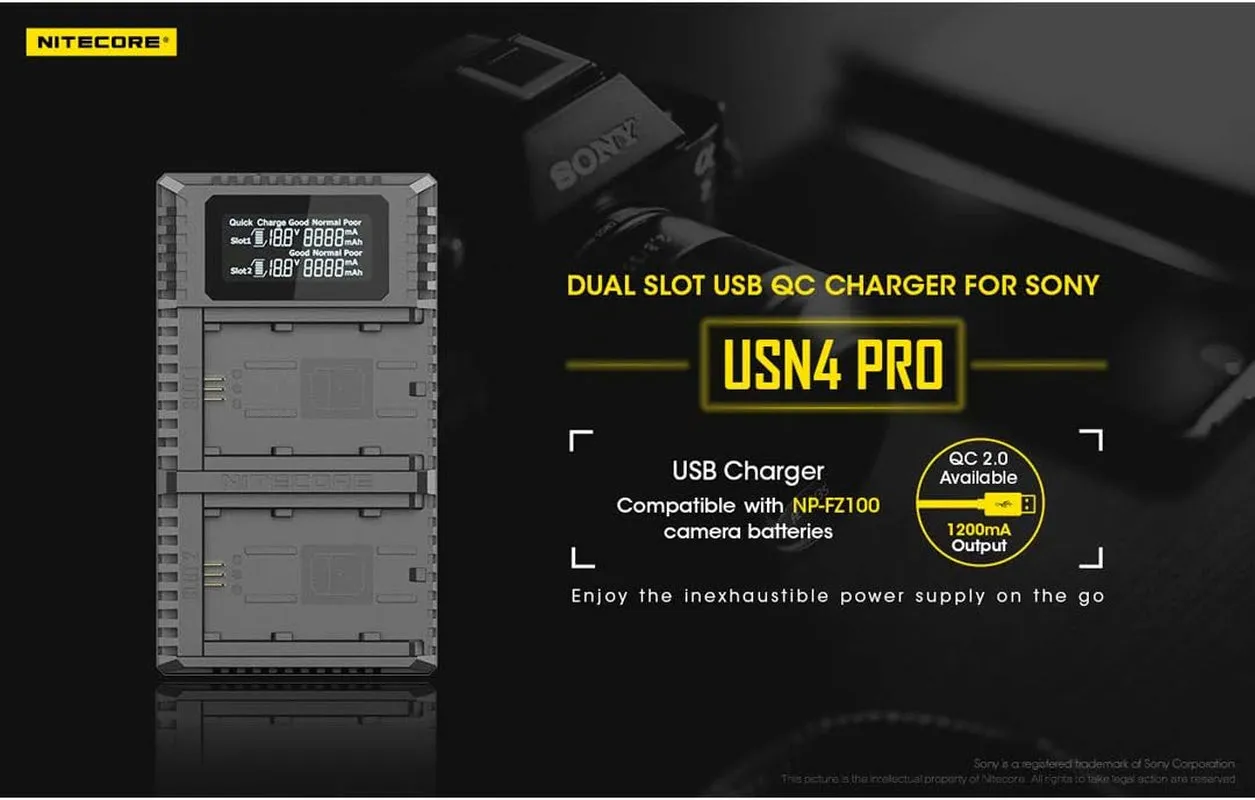 USN4 Pro Digital Quickcharge 2.0 USB Battery Charger Compatible with Sony NP-FZ100 Batteries