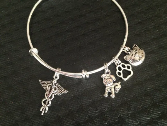 Veterinarian Adjustable Expandable Silver Plated Bangle Bracelet Animal Doctor Charm Bracelet Jewelry