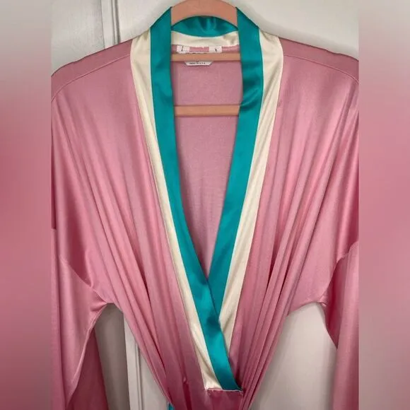 Vintage 80s Large Vanity Fair Pink Satin Robe with Belt