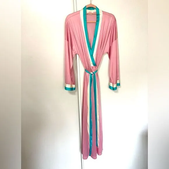 Vintage 80s Large Vanity Fair Pink Satin Robe with Belt