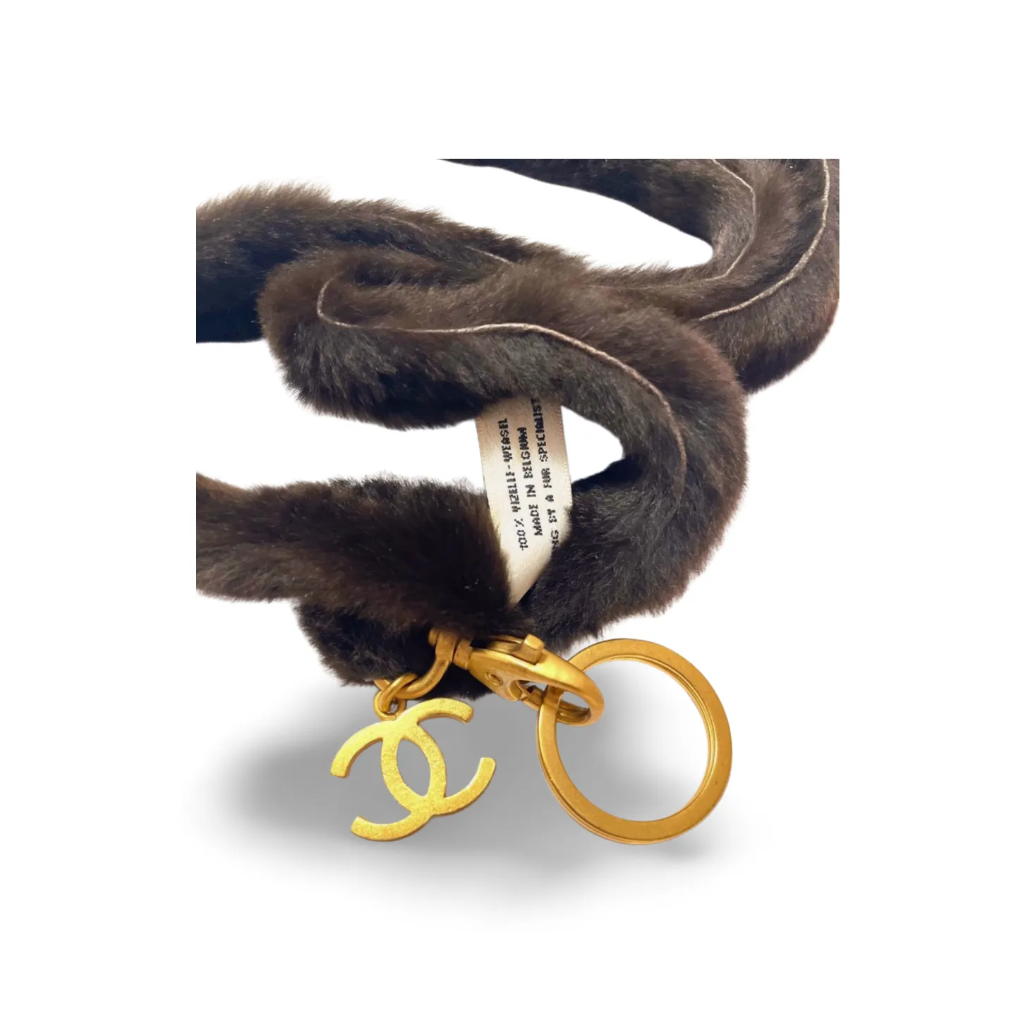 Vintage Chanel brown rabbit fur key strap, keyring with golden CC mark motif. Must have Chanel accessory. Great gift. 070107ac5
