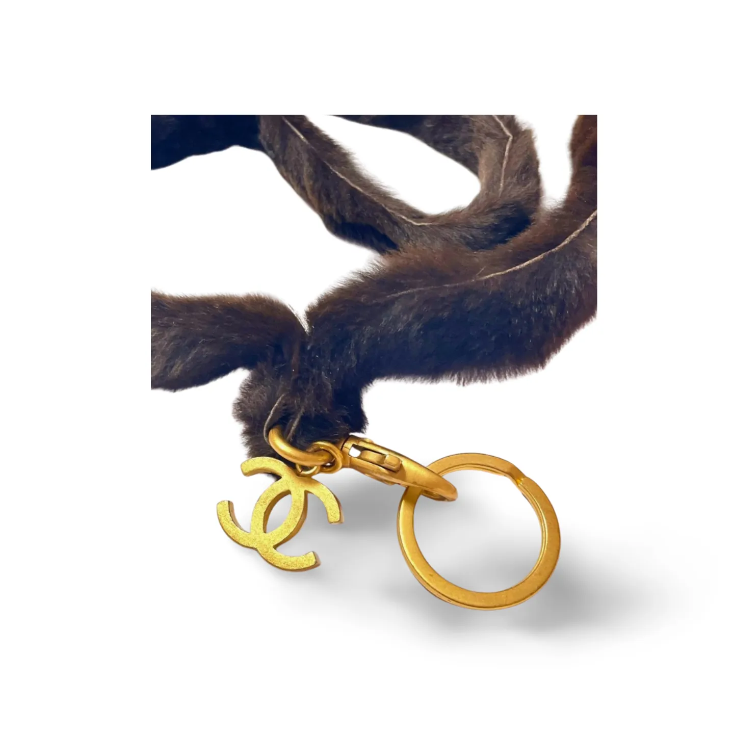 Vintage Chanel brown rabbit fur key strap, keyring with golden CC mark motif. Must have Chanel accessory. Great gift. 070107ac5