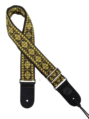 Vintage Jacquard Weave Premium Guitar Strap Cotton/Leather - Yellow & Gold