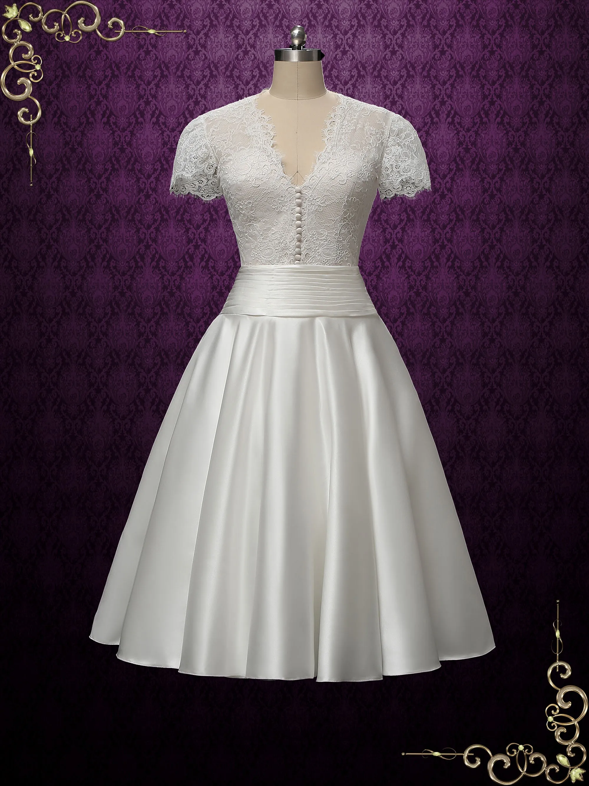 Vintage Style Tea Length Wedding Dress with Short Sleeves | LILY