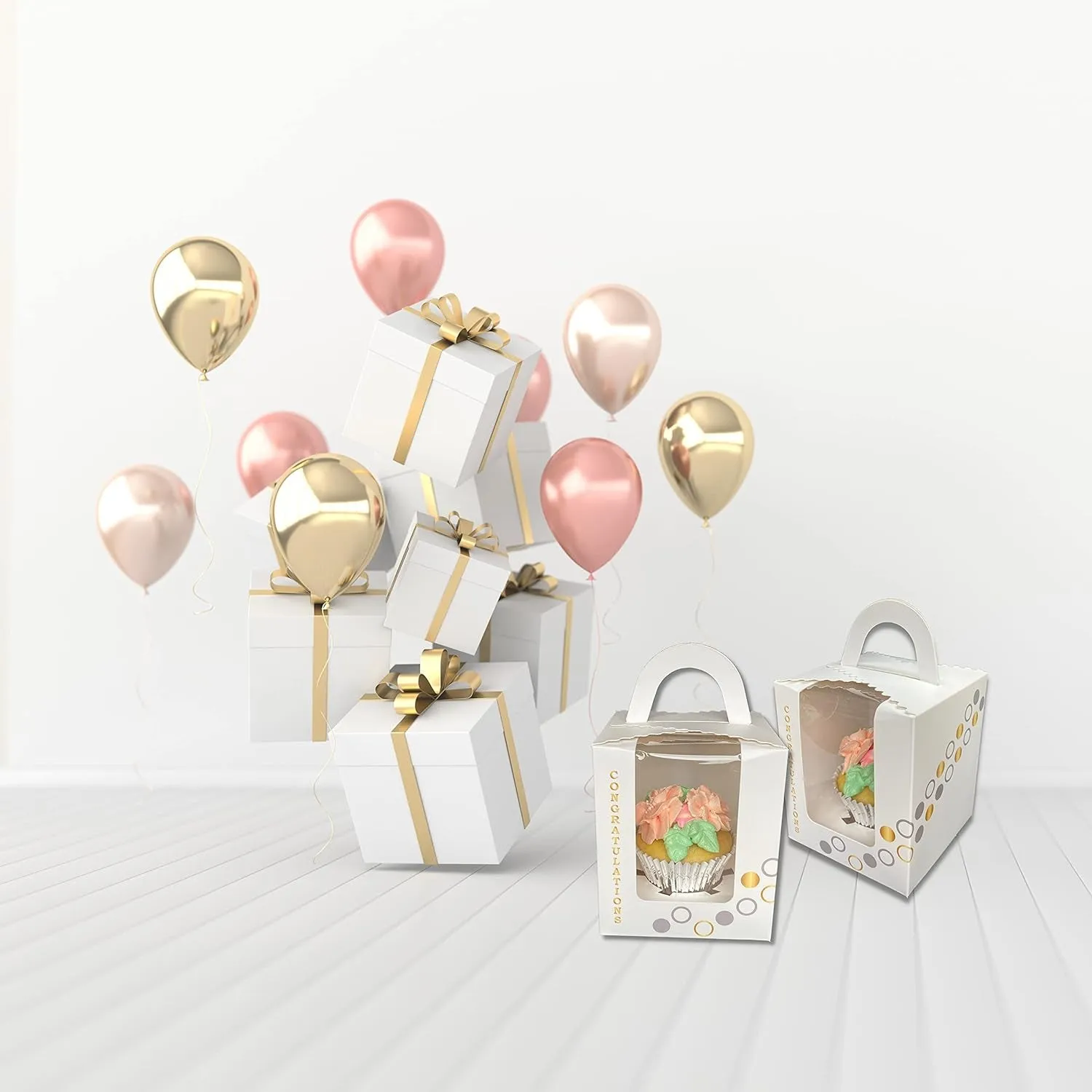 White with Silver and Gold Design, Congratulations, Anniversary or Invitation Individual Cupcake Boxes or Cookie Boxes, Pack of 25 Colorful Custom Designs, Premium Cake Box.