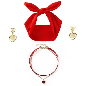 Women Costume Accessories Red Bow Headband Heart Choker Clip on Earrings Girls Cosplay Jewelry