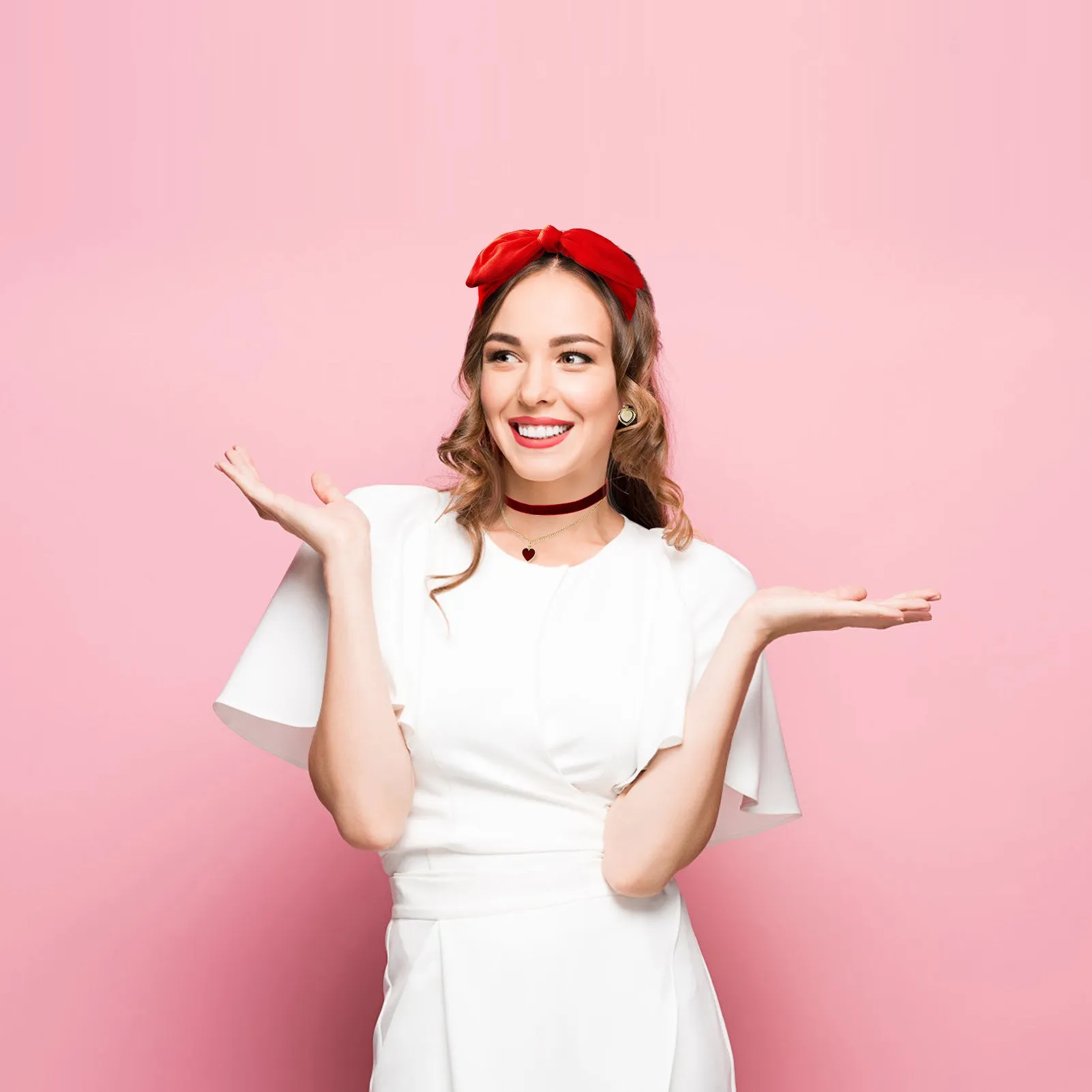Women Costume Accessories Red Bow Headband Heart Choker Clip on Earrings Girls Cosplay Jewelry