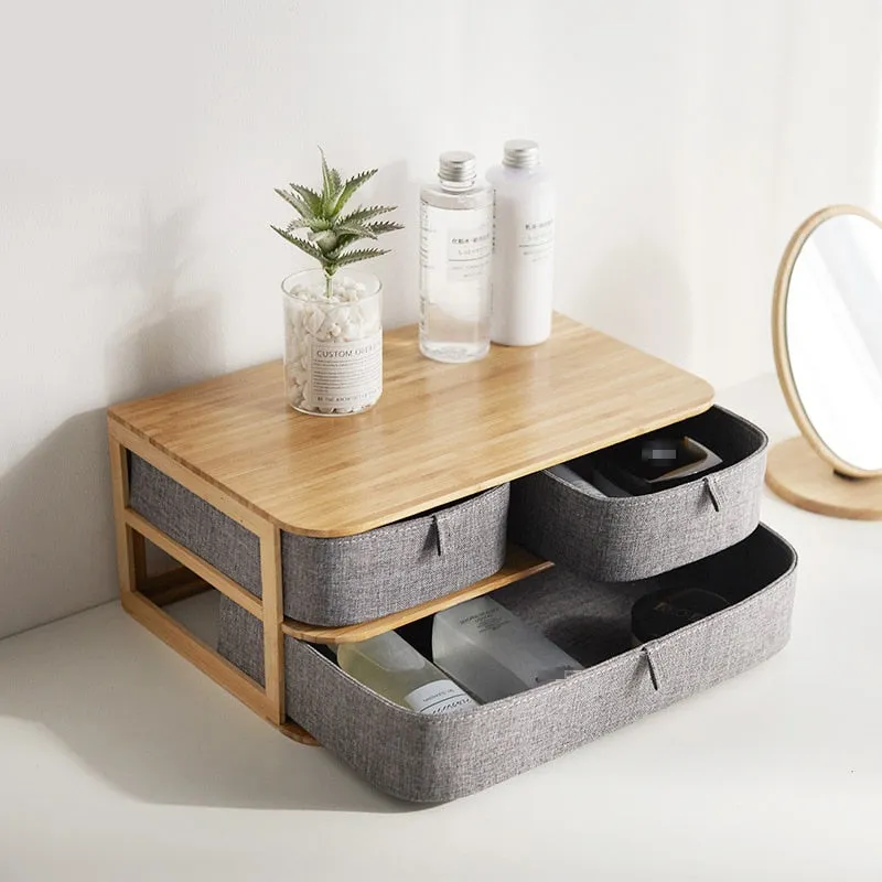 Wooden and Bamboo Cloth Desktop Organizer Storage Box Drawer