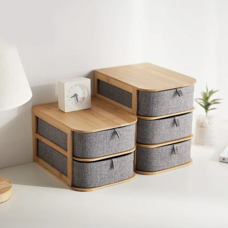 Wooden and Bamboo Cloth Desktop Organizer Storage Box Drawer