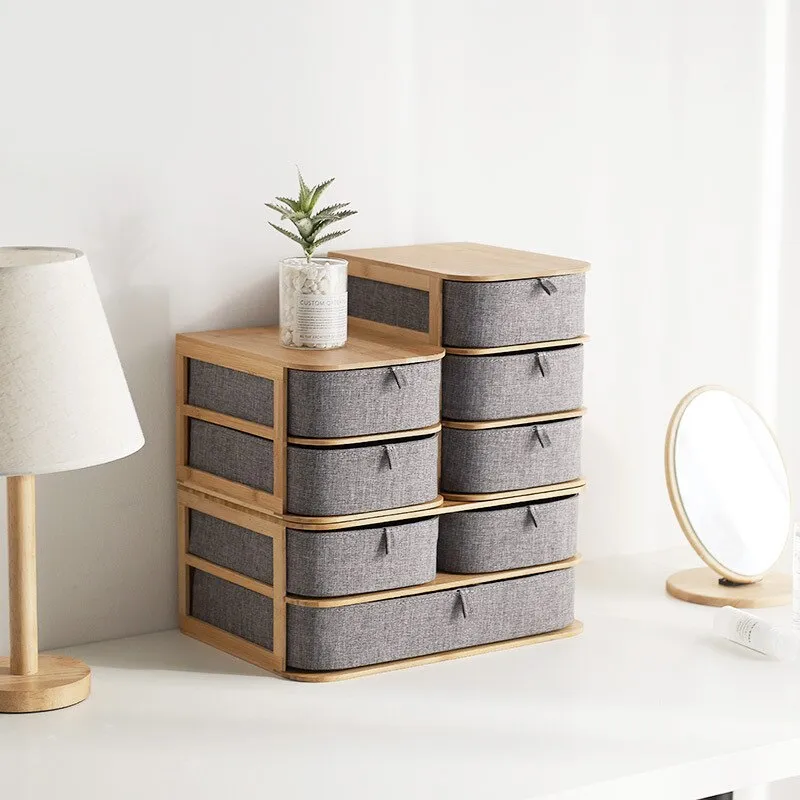 Wooden and Bamboo Cloth Desktop Organizer Storage Box Drawer