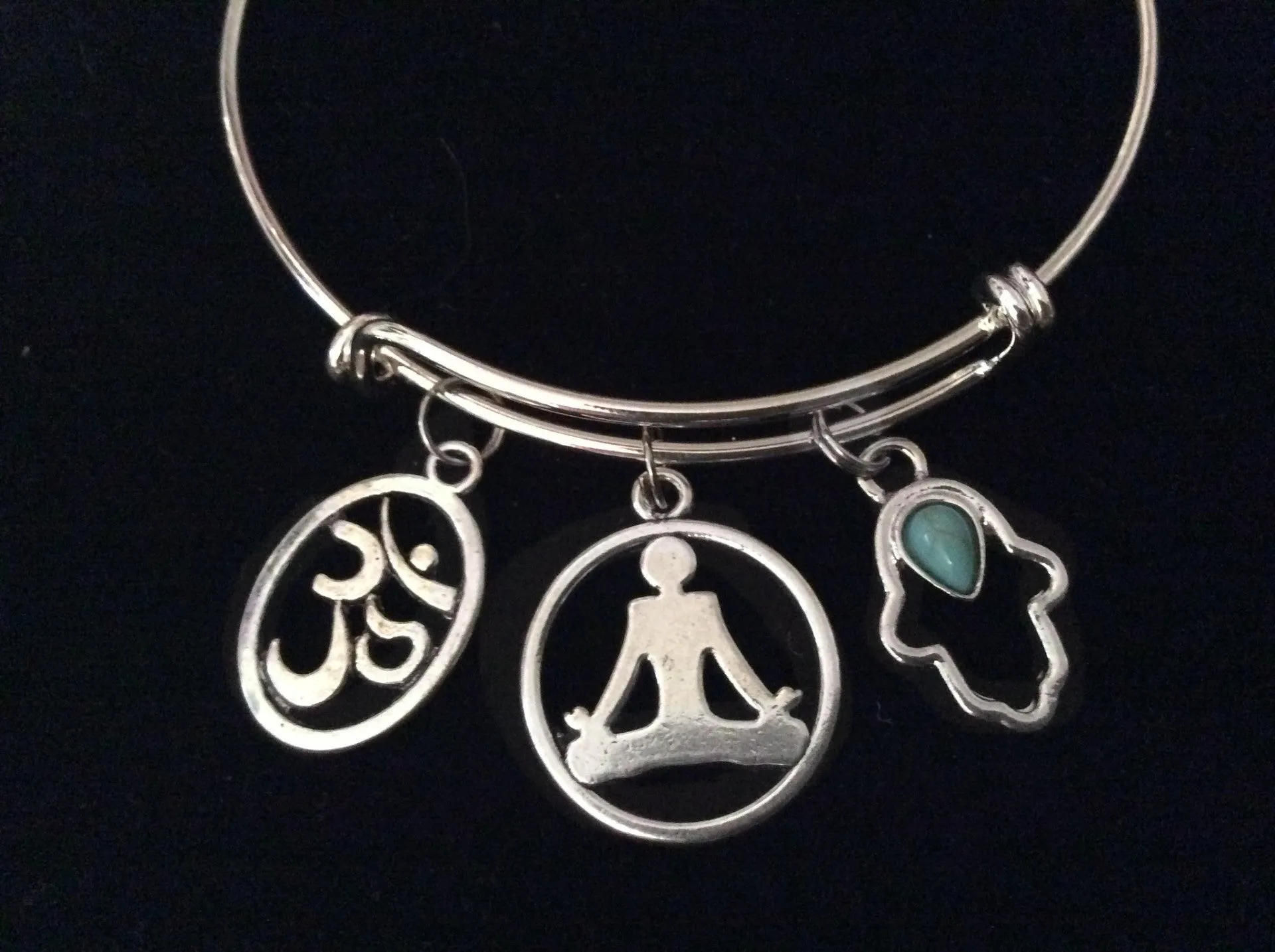Yoga Girl Om Turquoise Hamsa Expandable Charm Bracelet Adjustable Silver Wire Bangle Trendy Yoga Inspired Meaningful Inspirational