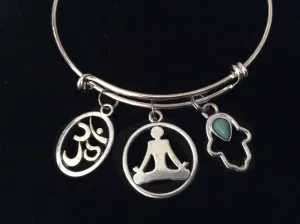 Yoga Girl Om Turquoise Hamsa Expandable Charm Bracelet Adjustable Silver Wire Bangle Trendy Yoga Inspired Meaningful Inspirational